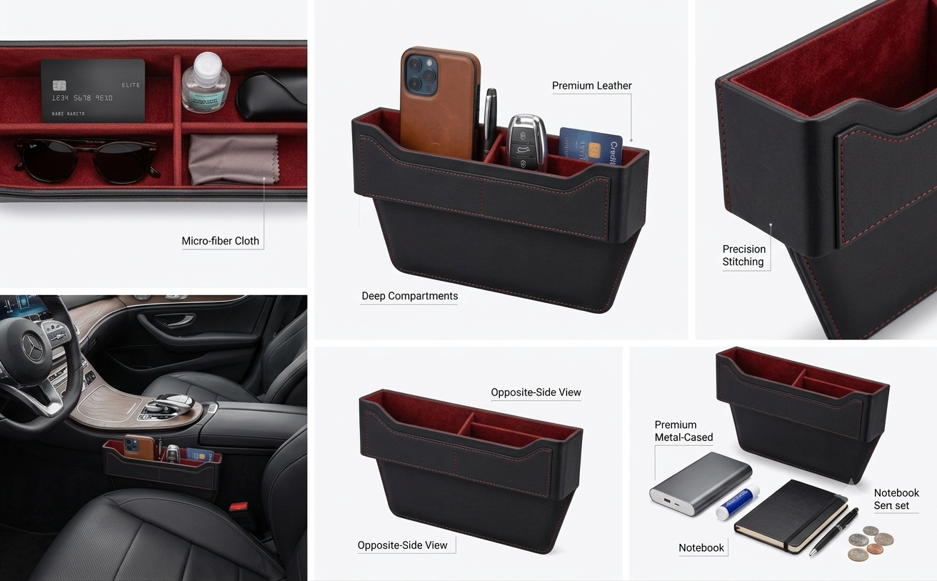 BUVION Leather Car Seat Gap Filler Phone & Key Organizer