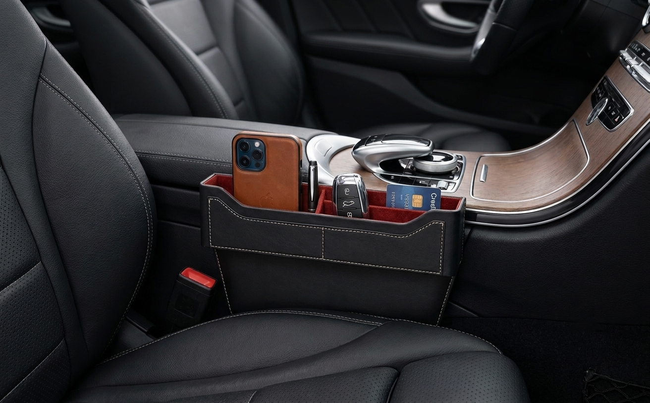 BUVION Leather Car Seat Gap Filler Phone & Key Organizer