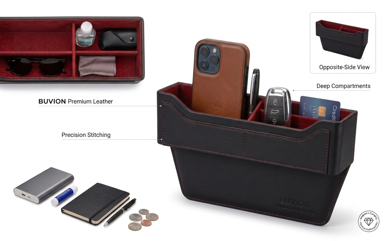 BUVION Leather Car Seat Gap Filler Phone & Key Organizer
